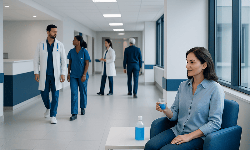 Healthcare professionals and patient in a modern hospital corridor.