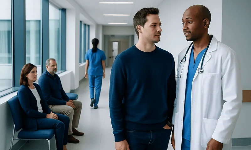 Doctor discussing male contraception options with patient in hospital corridor.