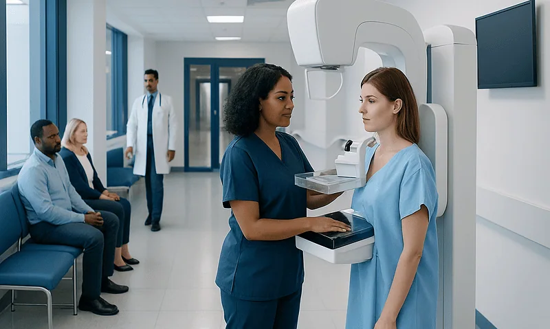Medical professionals perform a mammogram in a modern hospital setting.
