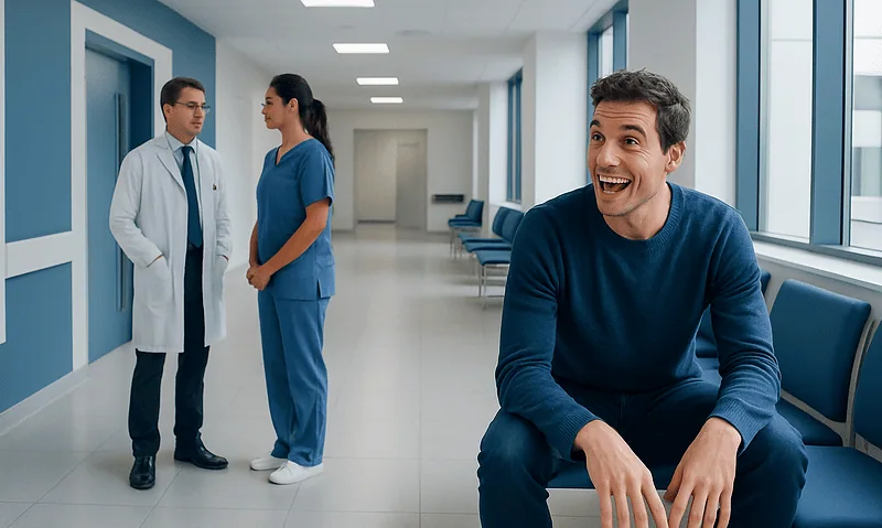 Happy young man in hospital corridor with doctors and nurse in background.