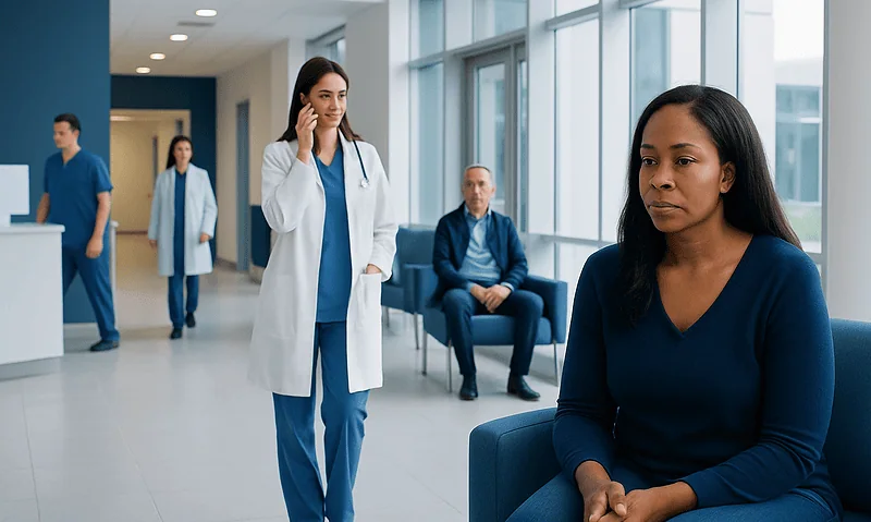Patient waiting in hospital corridor with medical staff nearby.