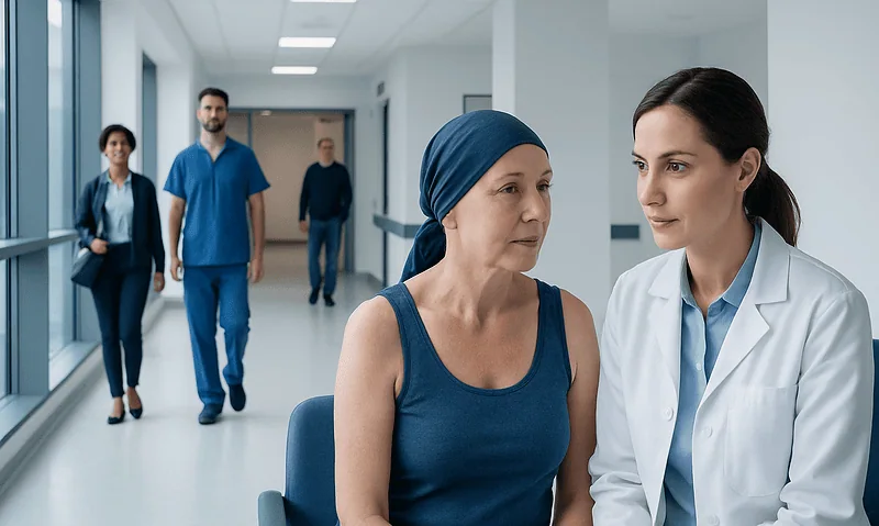 Patient consulting with doctor in hospital corridor.