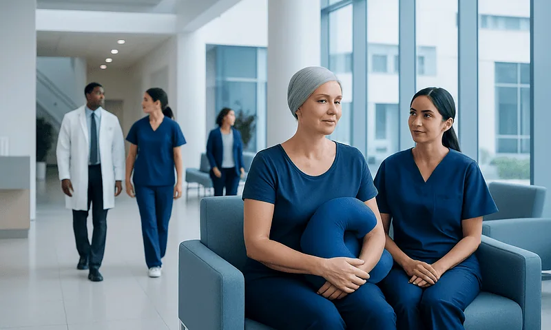Patient with a headscarf sitting with nurse in hospital lobby.
