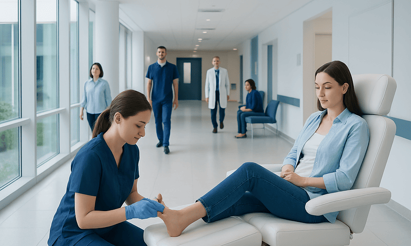 Medical pedicure being performed in a modern hospital corridor.