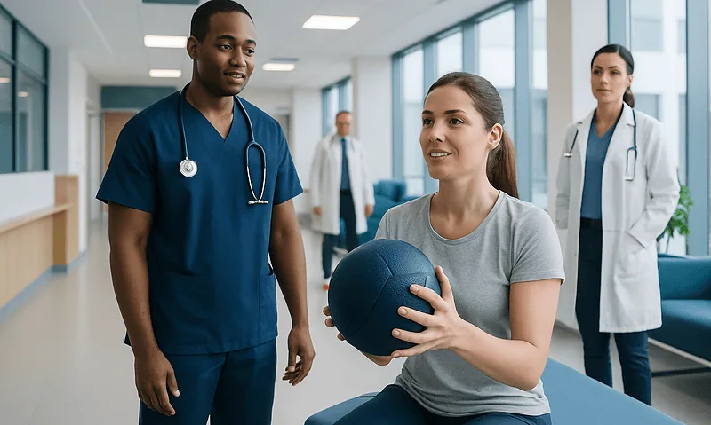 Patient practicing with a medicine ball under medical supervision in a hospital.