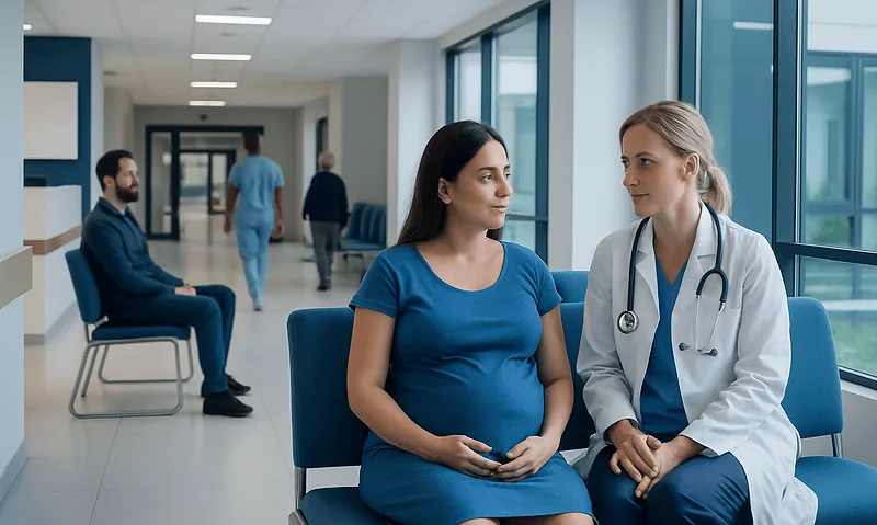 Pregnant woman consulting with a doctor in a hospital corridor.