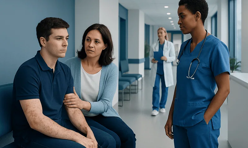 Meningitis Rash: Common Causes, Related Conditions, and When to See a Doctor 17 Doctor discussing with patient and caregiver in hospital corridor.