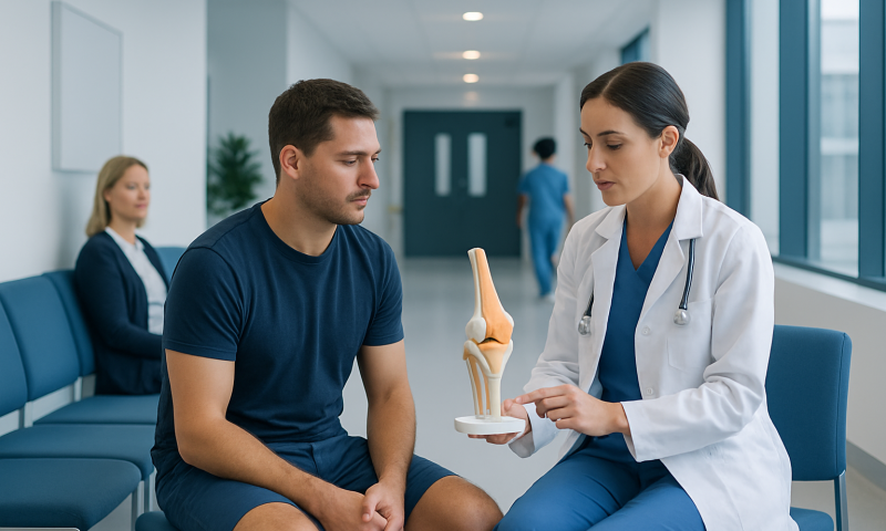Doctor explaining knee joint model to patient in clinic setting.