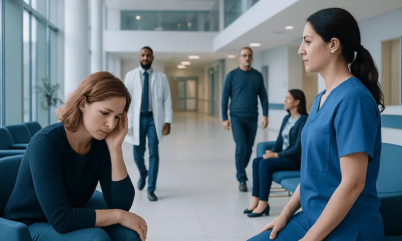 Patient experiencing emotional distress in hospital corridor with medical staff nearby.