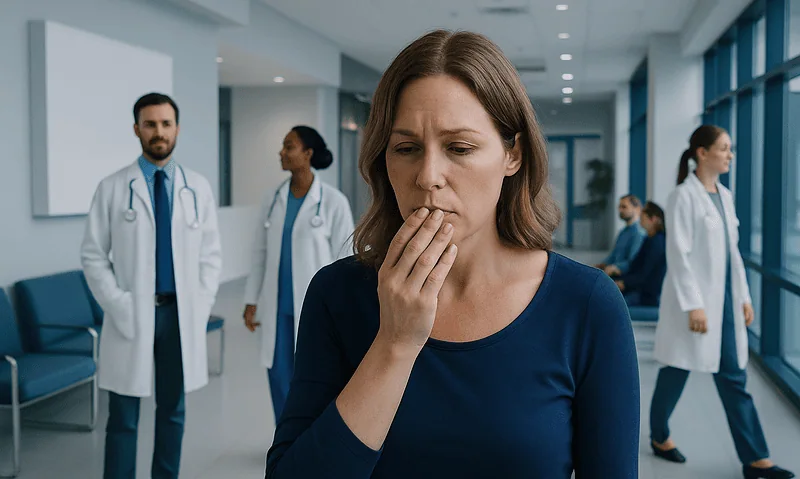 Woman with metallic taste in mouth in hospital corridor with doctors.