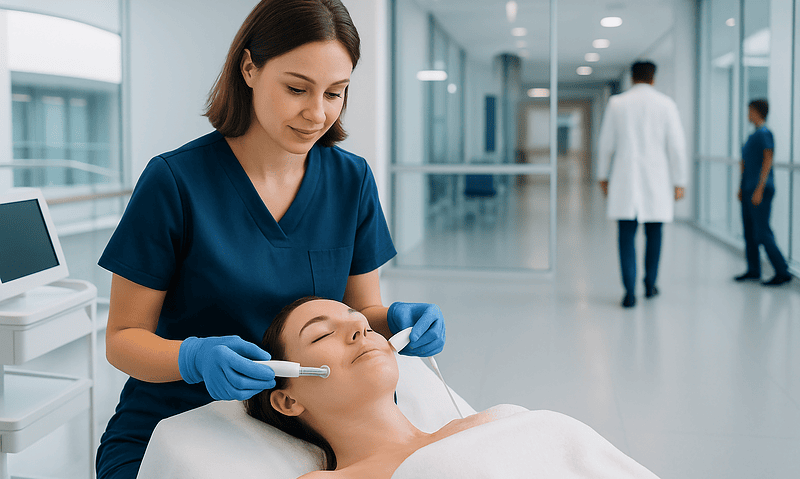 Skilled aesthetician performing microcurrent facial treatment in clinic.