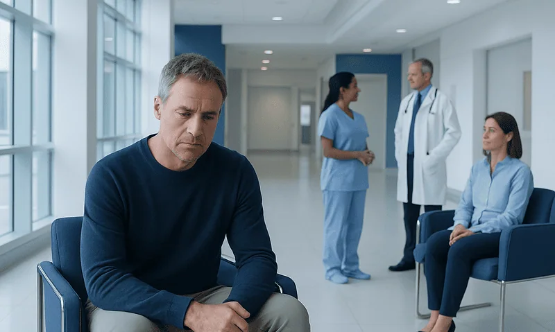 Man in hospital waiting area feeling anxious or worried.