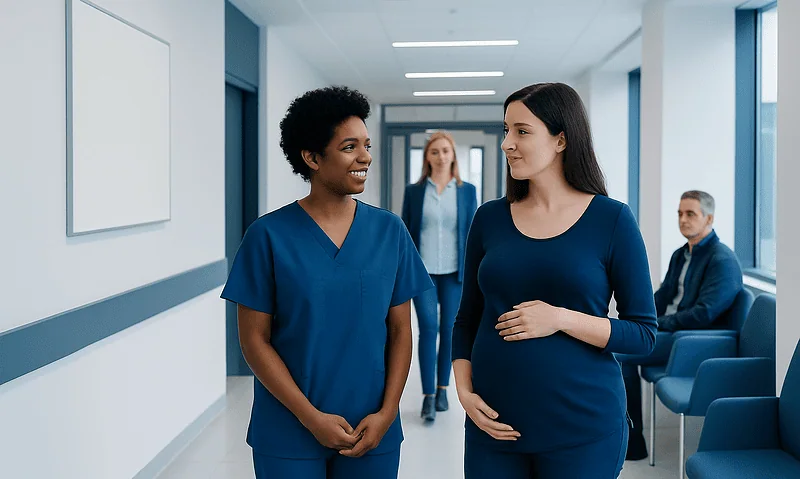 Pregnant woman talking with a nurse in a hospital corridor.