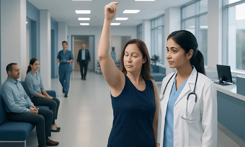 Medical professional observes patient performing arm movement test in hospital corridor.
