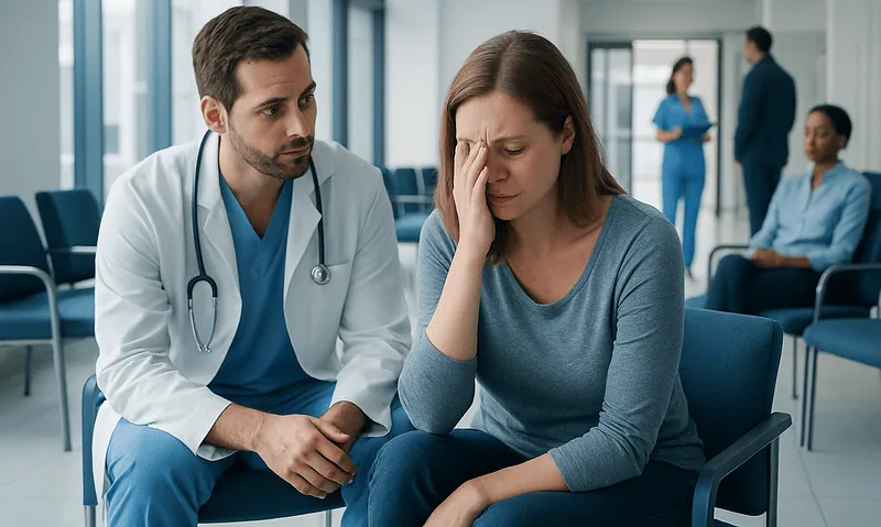 Doctor consulting with a distressed woman in a hospital waiting area.