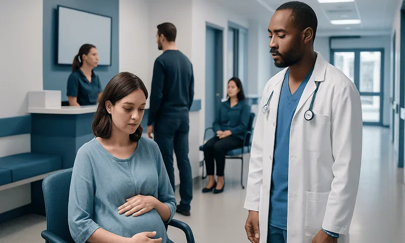 Doctor consulting with a pregnant woman in a hospital waiting area.