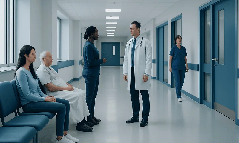 Hospital corridor with medical staff and patients engaging in conversation.