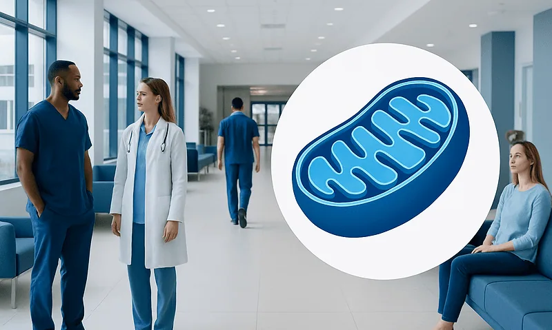 Hospital corridor with medical staff and a mitochondria illustration.