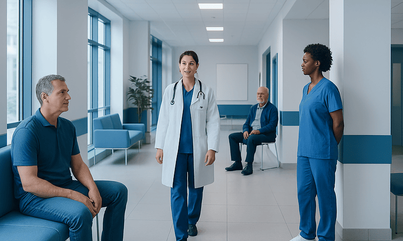 Medical team discussing patient care in hospital corridor.