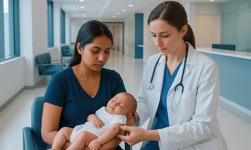 Pediatrician examines a newborn baby held by a mother in a hospital corridor.