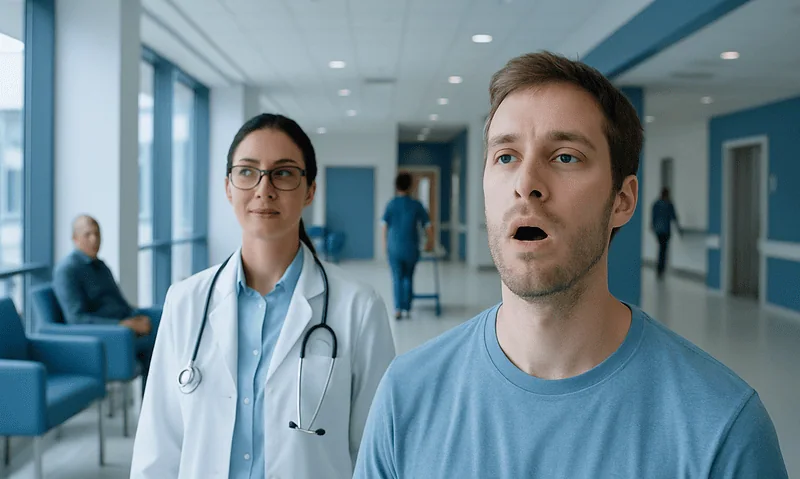 Patient with mouth open in a hospital corridor with medical staff nearby.