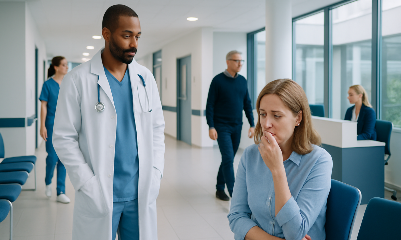 Concerned woman in hospital waiting area with doctor and staff nearby.