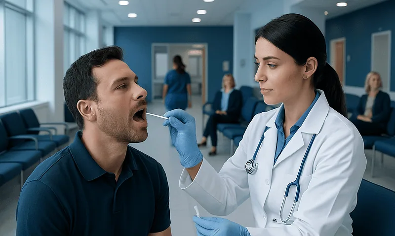 Mouth Swab Drug Test: An Evidence-Based Guide for Patients 5 Medical professional conducts mouth swab drug test on patient in clinic.