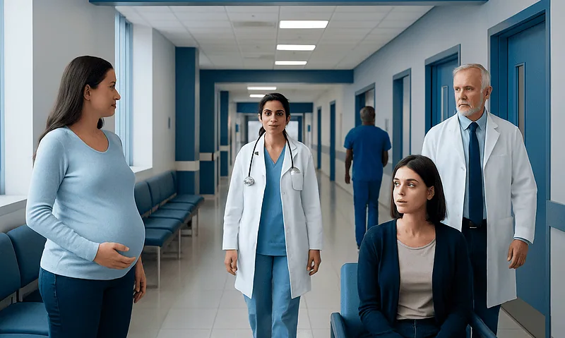Mucus Plug — Explained by Medical Evidence, Not Myths 12 Pregnant woman talking to doctors in hospital corridor.