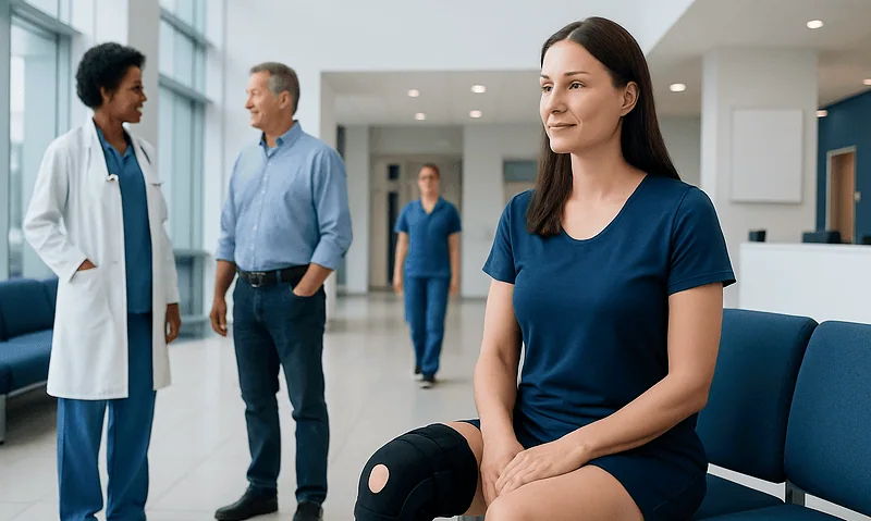Patient with knee brace in a hospital waiting area at Acibadem Hospitals Group.
