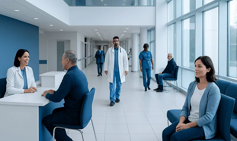 Modern hospital lobby with medical staff and patients in a bright, spacious setting.