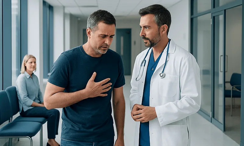 Doctor examines patient with chest pain in hospital corridor.