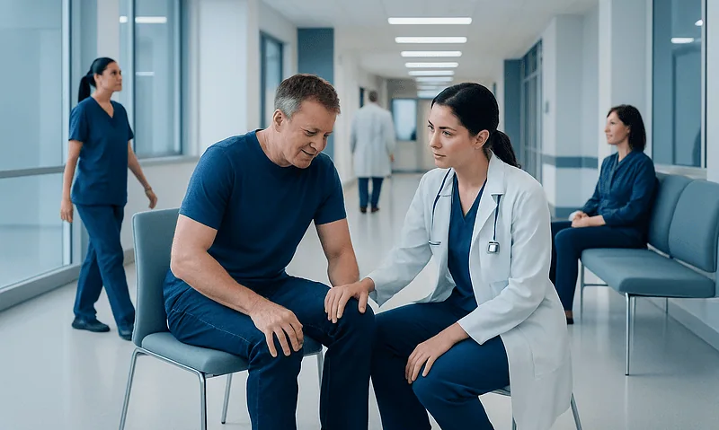 Doctor consulting with patient in hospital corridor.
