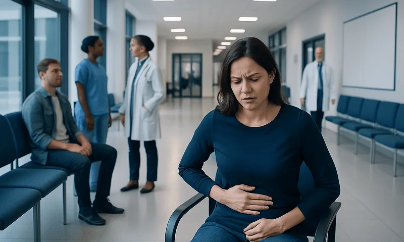 Woman with stomach pain in hospital waiting area with medical staff.