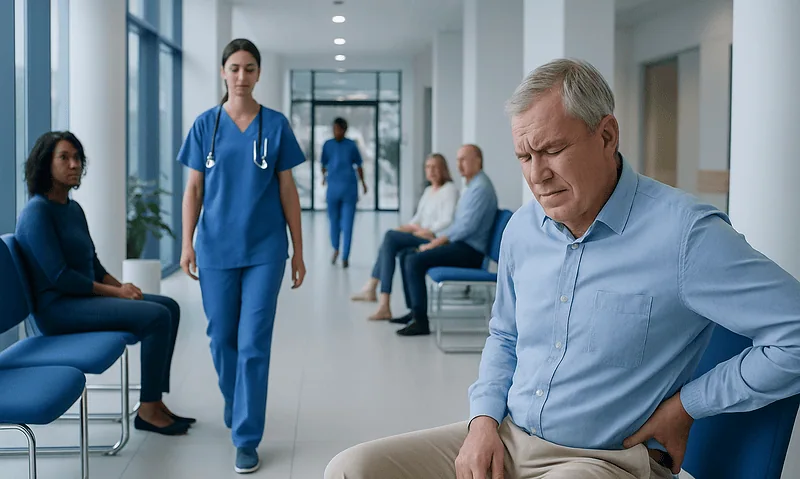 Patient experiencing back pain in a hospital waiting area.