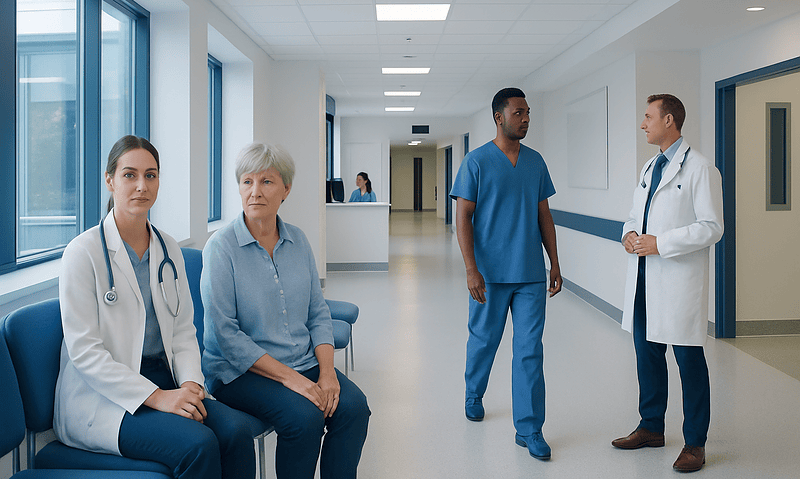 Medical team and patient in hospital corridor at Acibadem Hospitals Group.