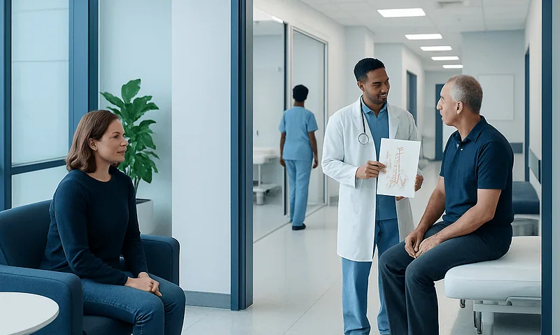 Doctor discussing spinal X-ray with patient in hospital corridor.