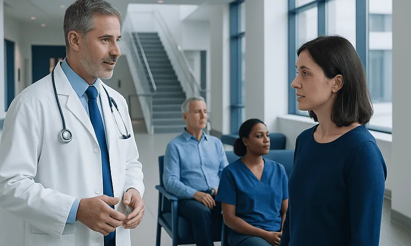 Doctor consulting female patient in hospital corridor with medical staff in background.