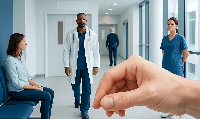 Medical consultation in hospital corridor with doctor and patient.