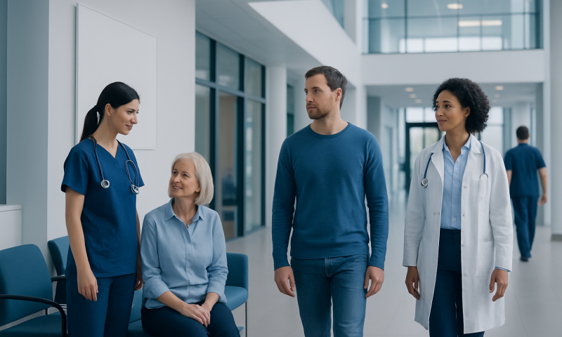 Patients and healthcare professionals in a hospital corridor.