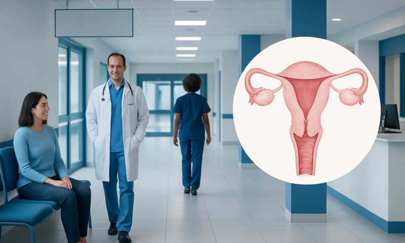 Doctor and patient in hospital corridor with reproductive health illustration.