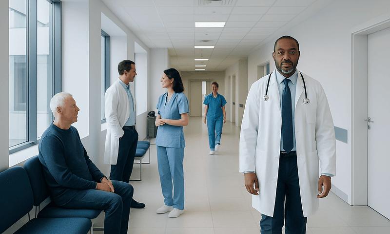 Diverse medical team in hospital corridor with patient and staff.