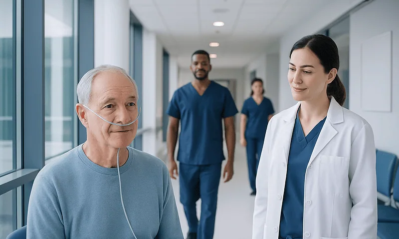 Senior patient with nasal oxygen tube in hospital corridor with medical staff.