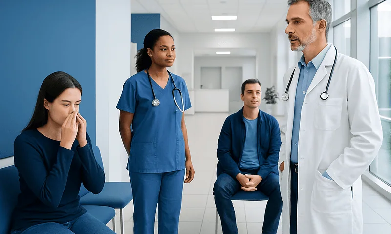 Medical team consulting patient in hospital corridor at Acibadem Hospitals.