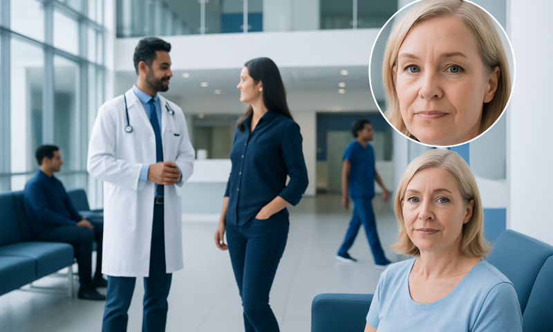 Doctor consulting with a woman in a hospital lobby with close-up of woman's face.