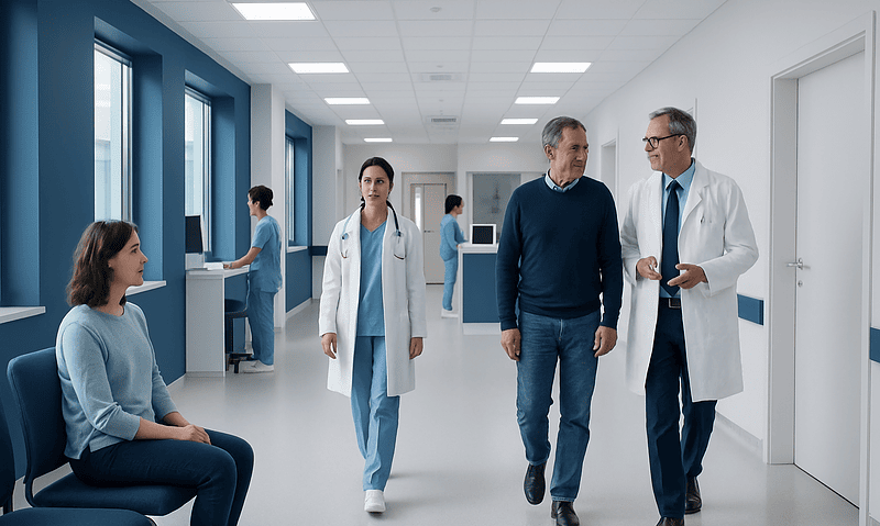 Medical professionals and patient in a modern hospital corridor.