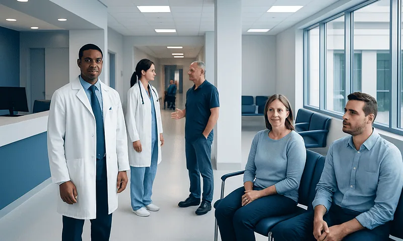 Diverse medical team consulting in a modern hospital waiting area.