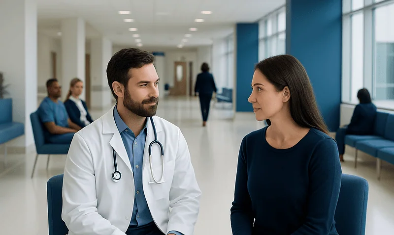 Doctor consulting with a patient in a hospital corridor.