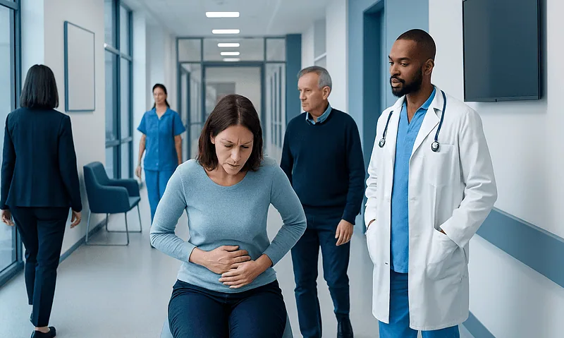 Navel Ache: Possible Causes and When to Seek Care 7 Woman experiencing abdominal pain in hospital corridor with medical staff nearby.
