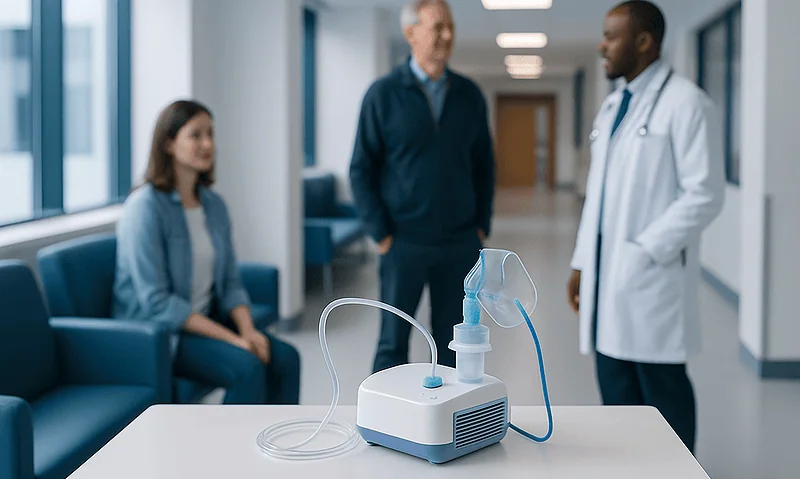 Medical consultation with nebulizer machine in hospital corridor.