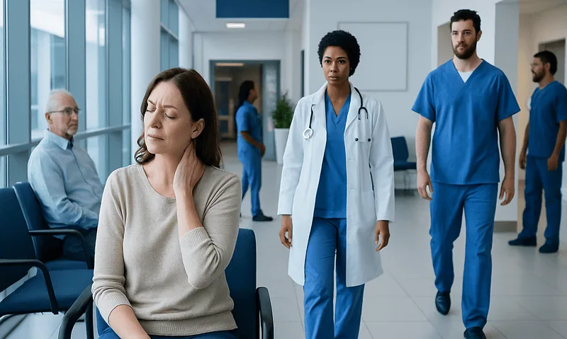 Neck Ache on One Side: Possible Causes and When to Seek Care 9 Woman experiencing neck pain in a hospital waiting area with medical staff nearby.